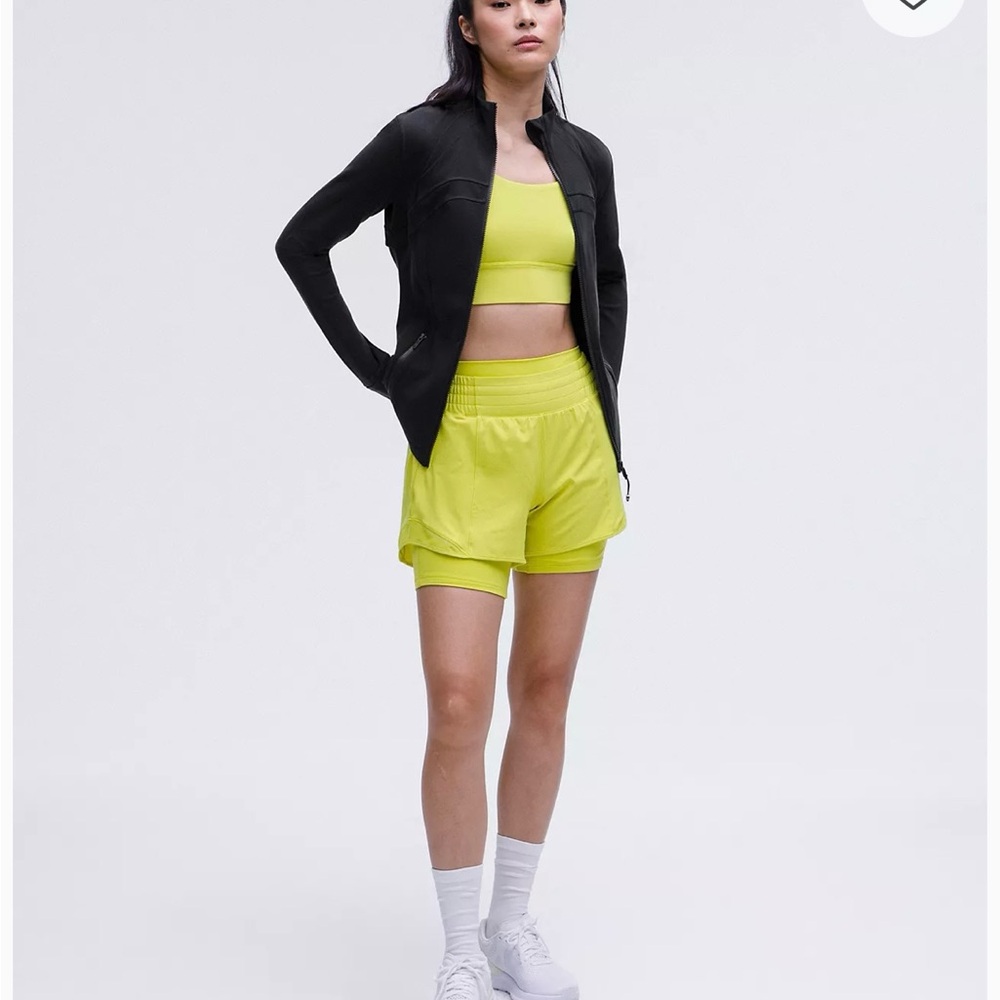 lululemon athletica Black Jacket with Neon Yellow Sports Bra & Shorts